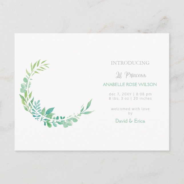 Rustik Grönska Ny Bebis Foto Födelse Annonsering Meddelande Vykort (Framsida)