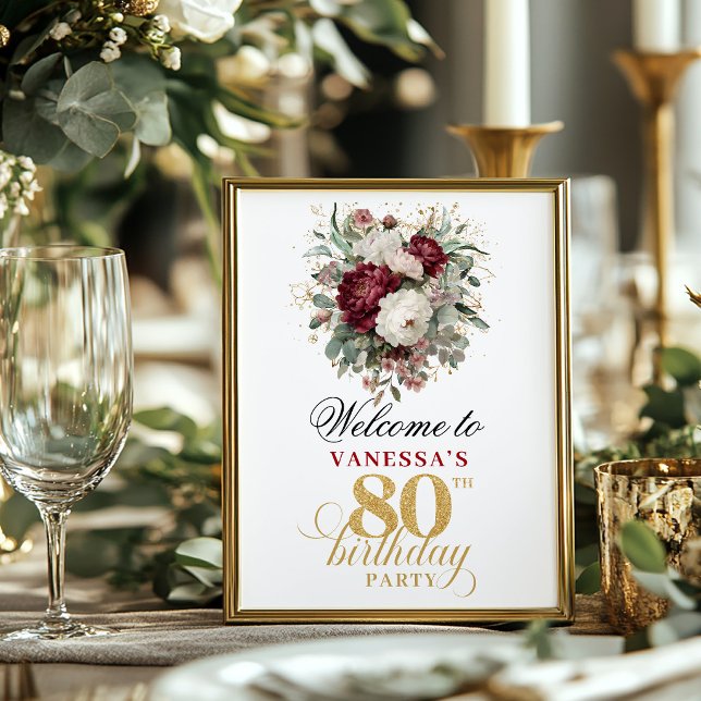 Rustik grönska rosé 80-årsdag 8x10 välkomstskylt  poster (Rustic greenery blush 80th birthday 8x10 welcome sign)