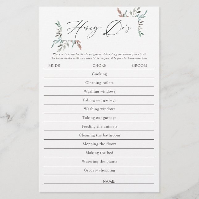 Rustik grönskande vinterbröllopsdusch Honey-Do-lek (Framsida)