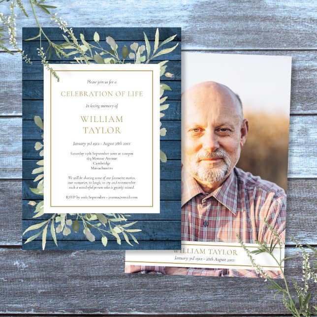 Rustik grönskas firande av livets foto begravning inbjudningar (Rustic Greenery Celebration of Life Photo Funeral Invitation)