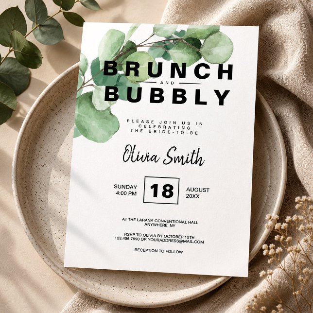 Rustik Grönsklig Brunch och Bubbly Bröllopsfest Inbjudningar (Brunch and Bubbly Bridal Shower Rustic Greenery Invitation, Eucalyptus Invitation)
