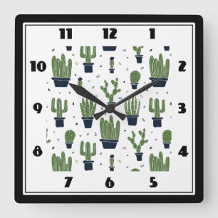 Rustik Grönt Cactus Desert Mönster Fyrkantig Klocka