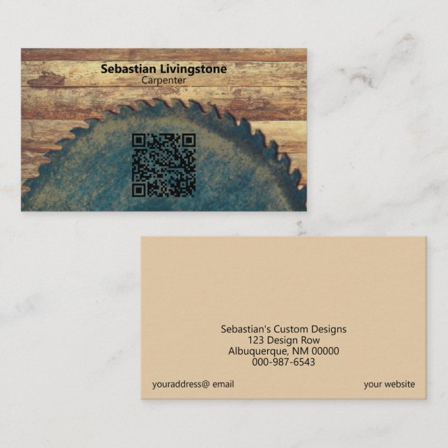 Rustik Grönt Circular Saw Carpentry QR Code Front Visitkort (Fram/baksida)