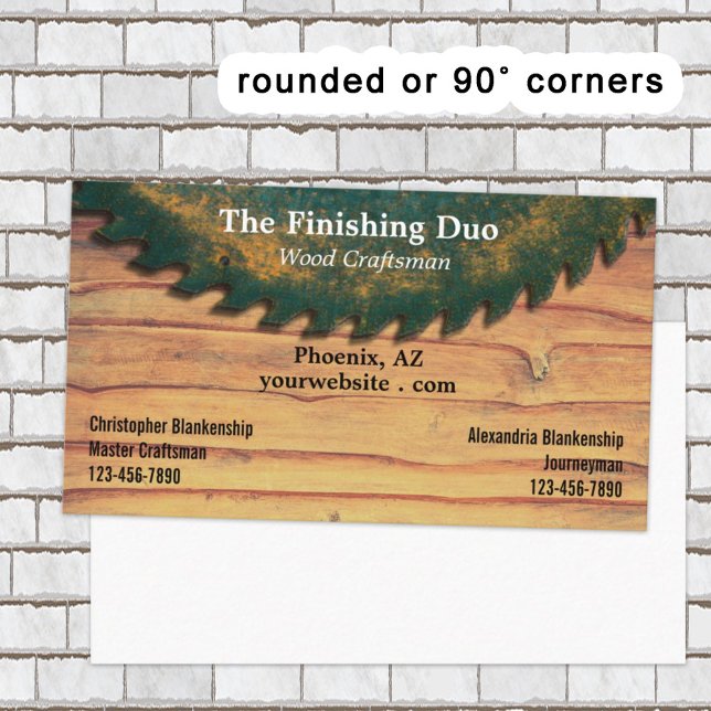 Rustik Grönt Circular Saw Woodworking Dual Namn Visitkort (This business card design offers dual names along the bottom corners. )