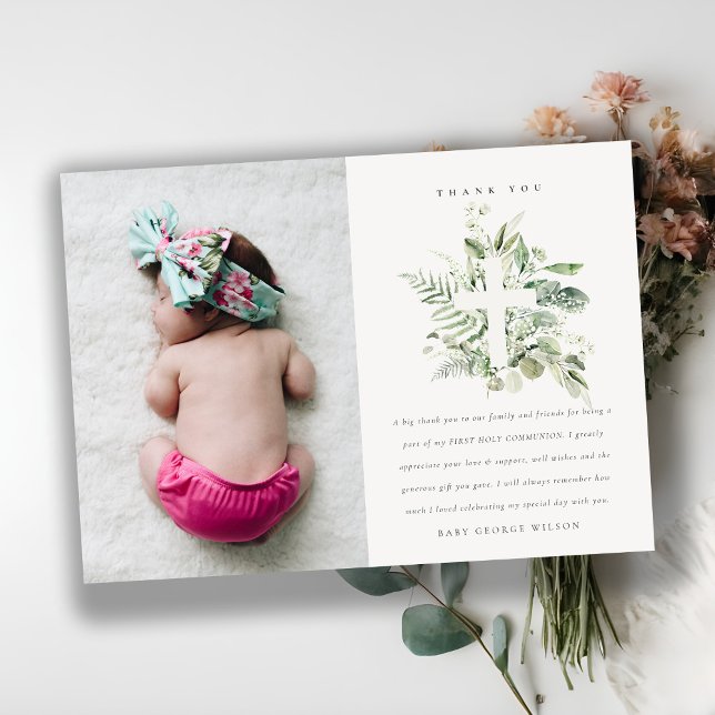 Rustik Grönt Eucalyptus Fauna Kor Photo Baptism Tack Kort (Skapare uppladdad)