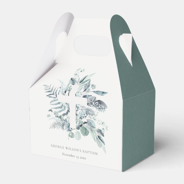 Rustik Grönt Eucalyptus Fern Foliage Kor Baptism Presentaskar (Framsidan Sidan)