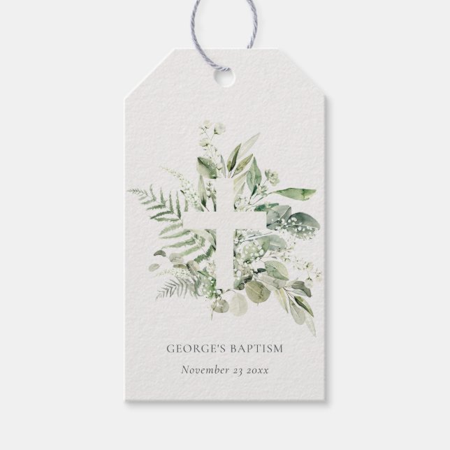 Rustik Grönt Eucalyptus Fern Foliage Kor Baptism Presentetikett (Framsidan)