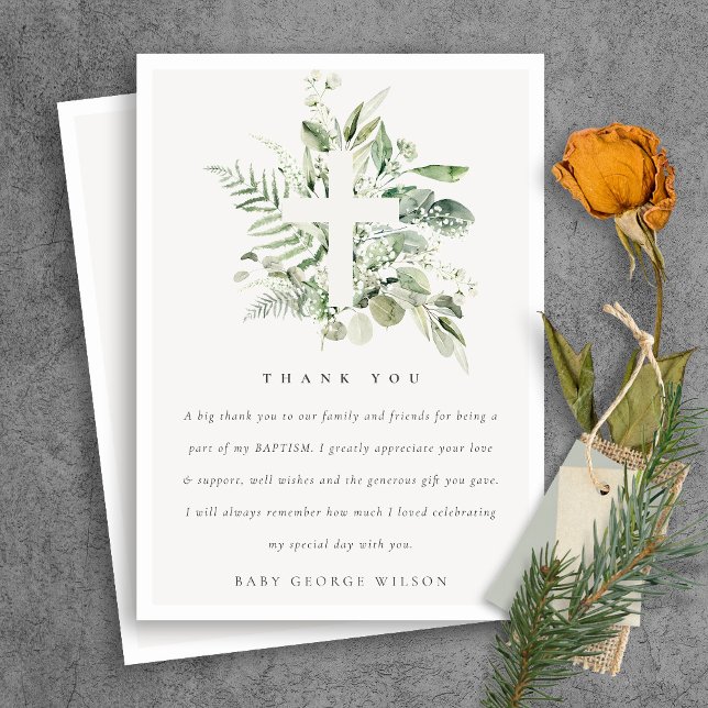 Rustik Grönt Eucalyptus Fern Foliage Kor Baptism Tack Kort (Skapare uppladdad)