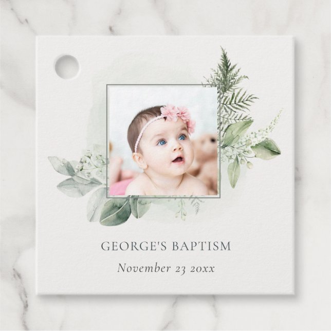 Rustik Grönt Eucalyptus Fern Foliage Photo Baptism Gåvor Etiketter (Framsida)