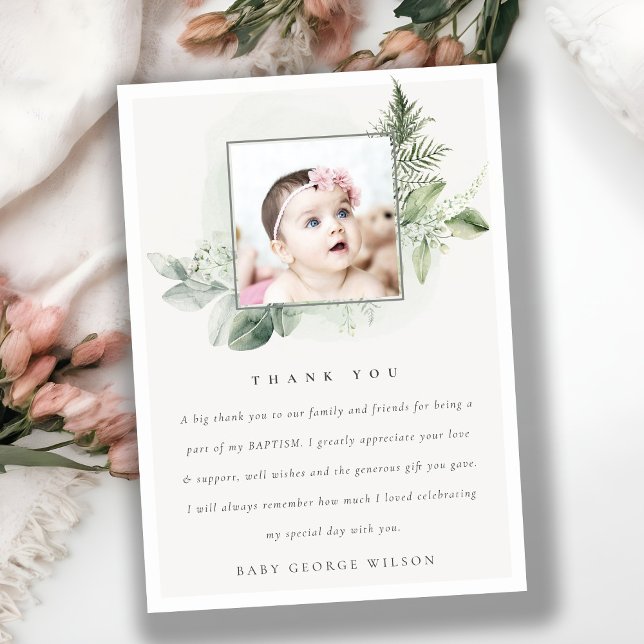 Rustik Grönt Eucalyptus Fern Foliage Photo Baptism Tack Kort (Skapare uppladdad)
