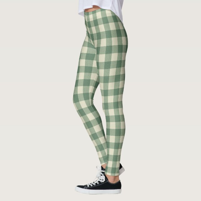 Rustik Grönt Gingham Modern jul Leggings (Vänster)