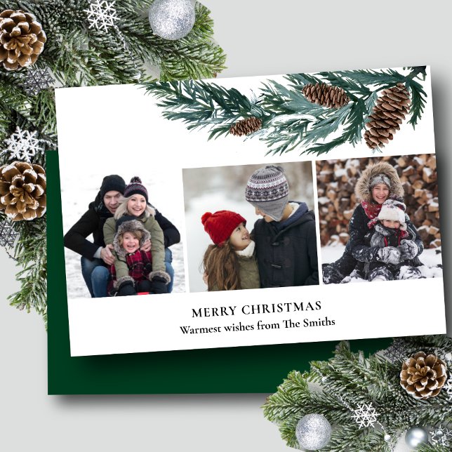 Rustik Grönt Gräs Cone Bough 3 Photo Minimalist Julkort (Skapare uppladdad)