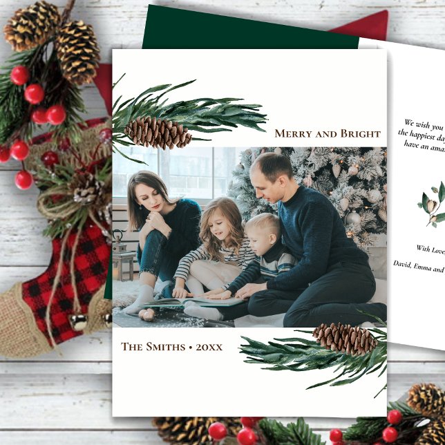 Rustik Grönt Gräs Cone Bough Watercolor Blommigt Helgkort (Skapare uppladdad)