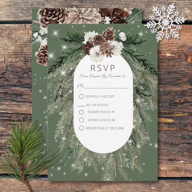Rustik Grönt Gräs Vinter Gnistra två Middagar OSA Kort (Rustic Green Pine Winter Sparkle Two Dinner Wedding RSVP Card)
