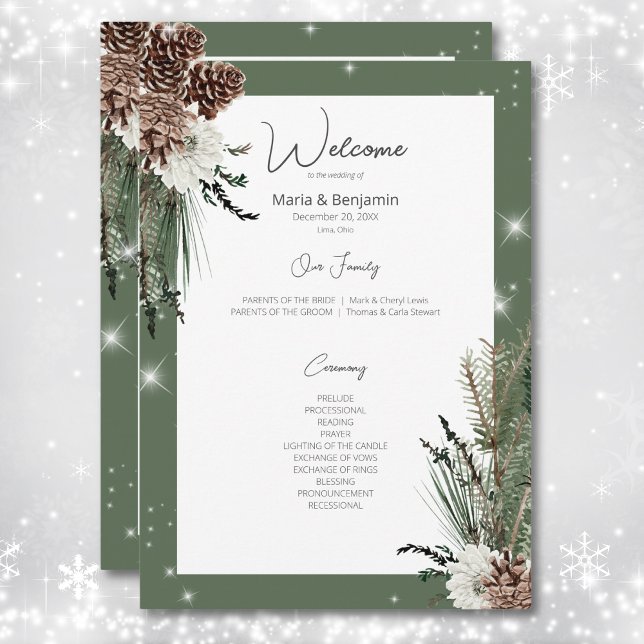 Rustik Grönt Gräs Winter Gnistra Bröllop Program (Rustic Green Pine Winter Sparkle Wedding Program)
