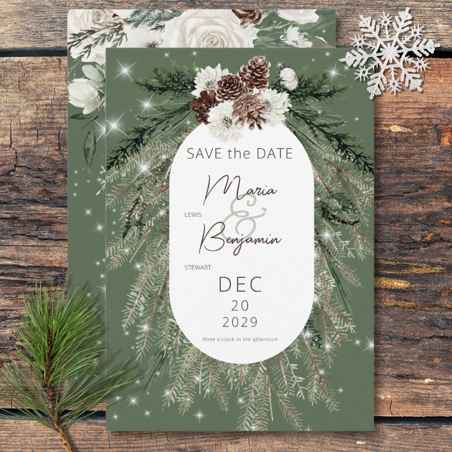 Rustik Grönt Gräs Winter Gnistra Bröllop Spara Datumet (Rustic Green Pine Winter Sparkle Wedding Save The Date)