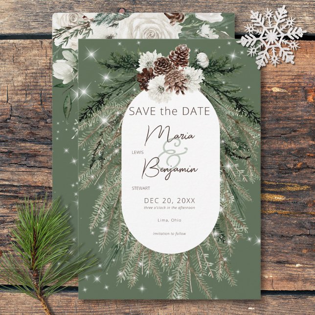 Rustik Grönt Gräs Winter Gnistra Bröllop Spara Datumet (Rustic Green Pine Winter Sparkle Wedding Save The Date)