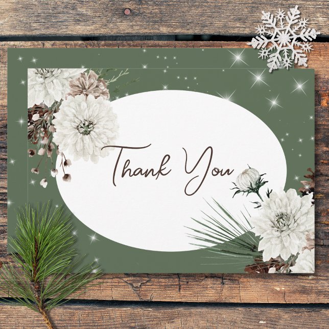 Rustik Grönt Gräs Winter Gnistra Bröllop Tack Kort (Rustic Green Pine Winter Sparkle Wedding Thank You Card)