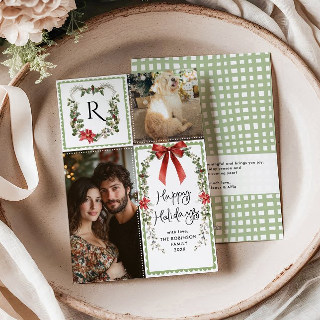 Rustik Grönt Monogram God jul 2 Foto Julkort (Skapare uppladdad)