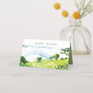 Rustik Grönt Watercolor Countryside Backe Bröllop Placeringskort