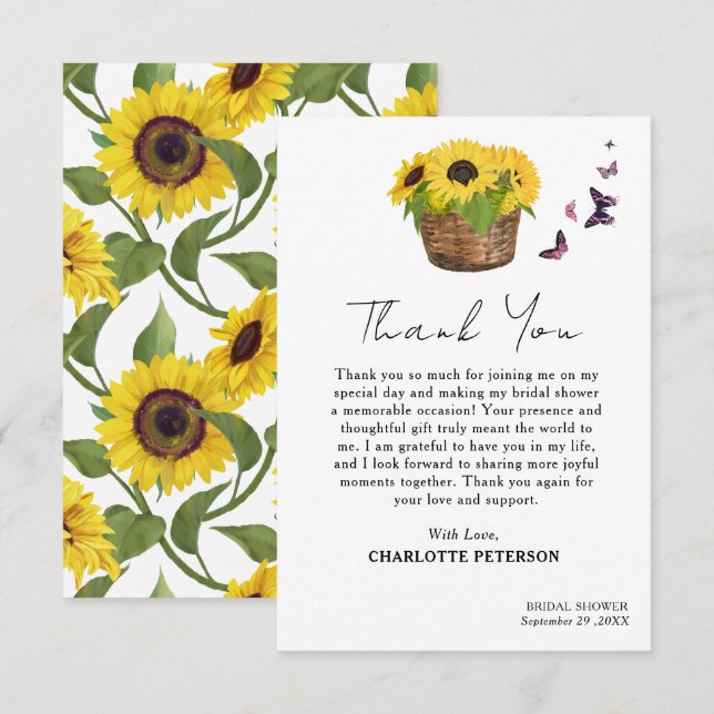 Rustik gul solros bröllopsdusch tack kort (Fram/baksida)