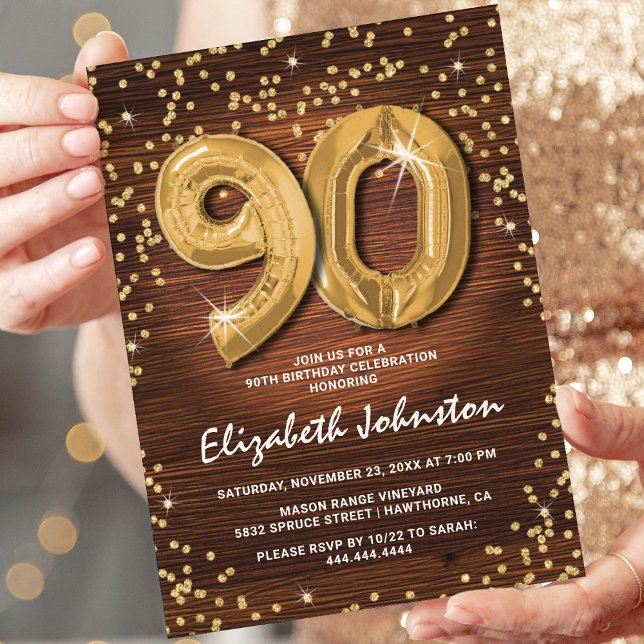 Rustik Guld Glitter 90-årsdag Inbjudningar (Skapare uppladdad)