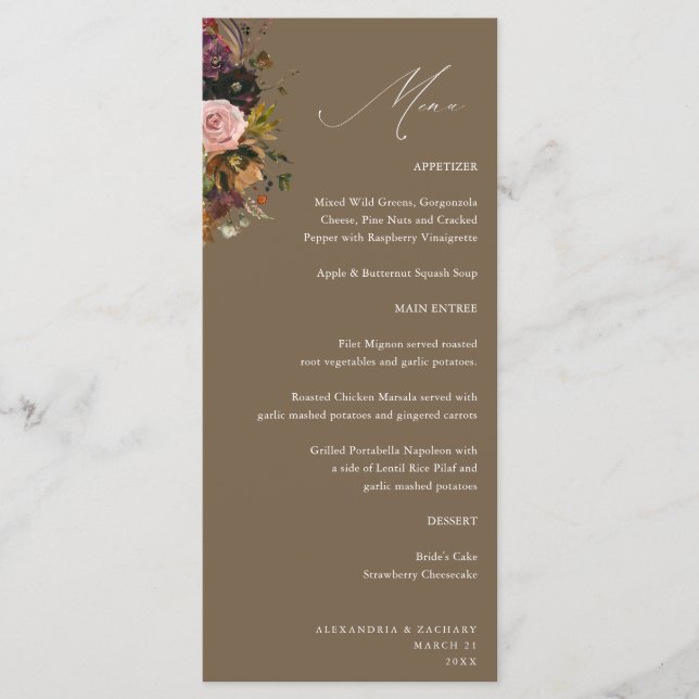 Rustik Guld, Lila, & Rosa Blommig 4 Beige Hög Meny (Framsida)