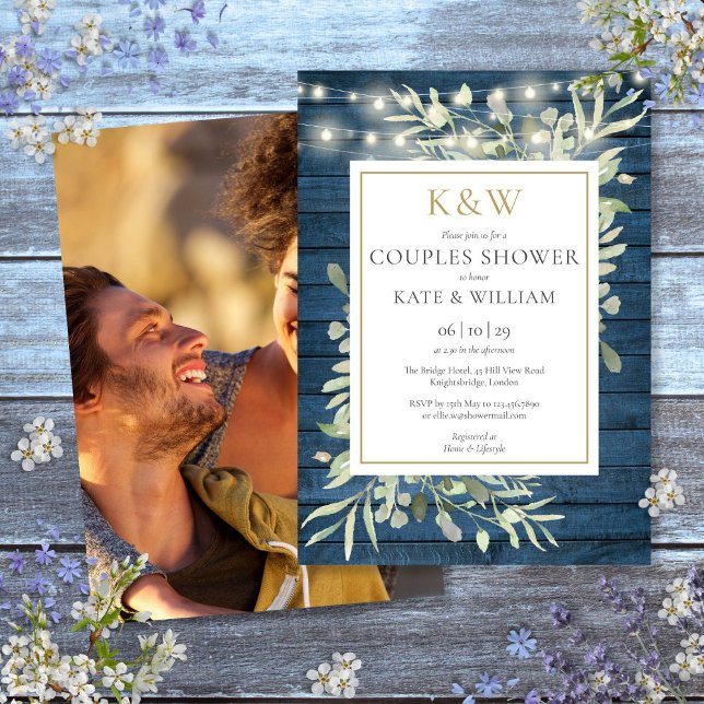 Rustik Guld Monogram Grönska Foto Par Bröllosdusch Inbjudningar (Rustic Gold Monogram Greenery Photo Couples Shower Invitation)