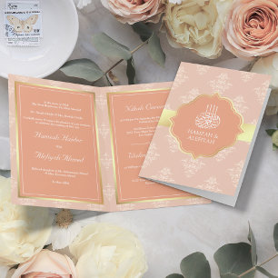Rustik Guld Pastell Persika Damask Muslimsk Bröllo Inbjudan