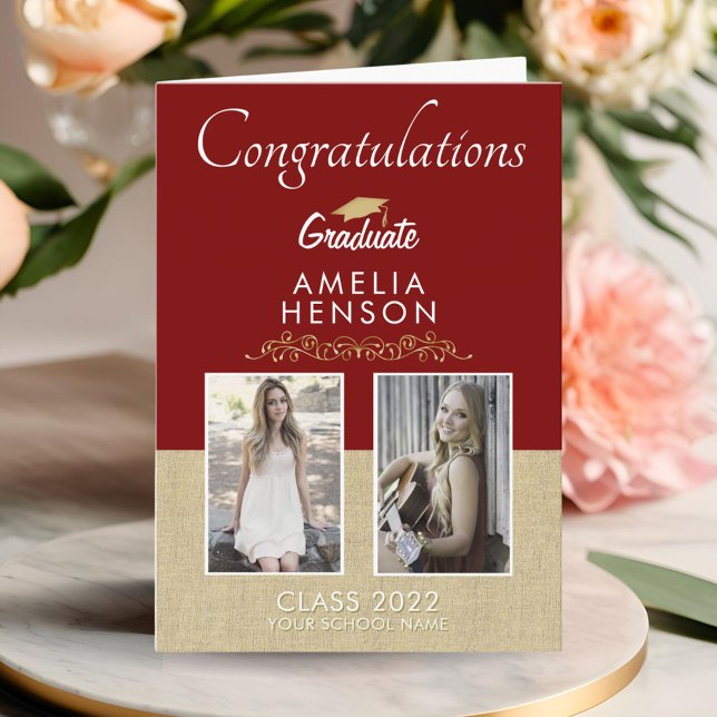 Rustik Guld Röd Examen 2 Foto Examen Kort (Skapare uppladdad)