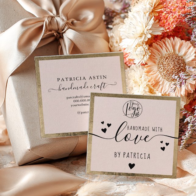 Rustik Guld Rosa Handgjord hantverk logotyp Fyrkantigt Visitkort (Rustic Gold Blush Pink Handmade craft logo Square Business Card)