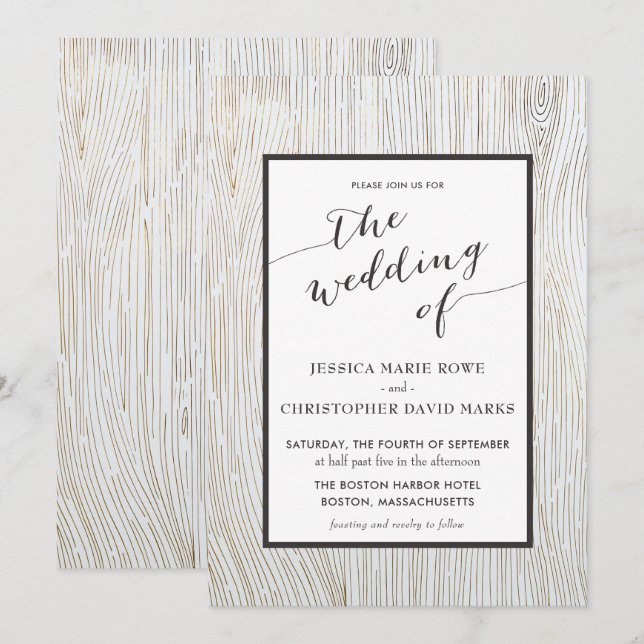 Rustik guld trästruktur bröllopsinbjudan inbjudningar (Fram/baksida)