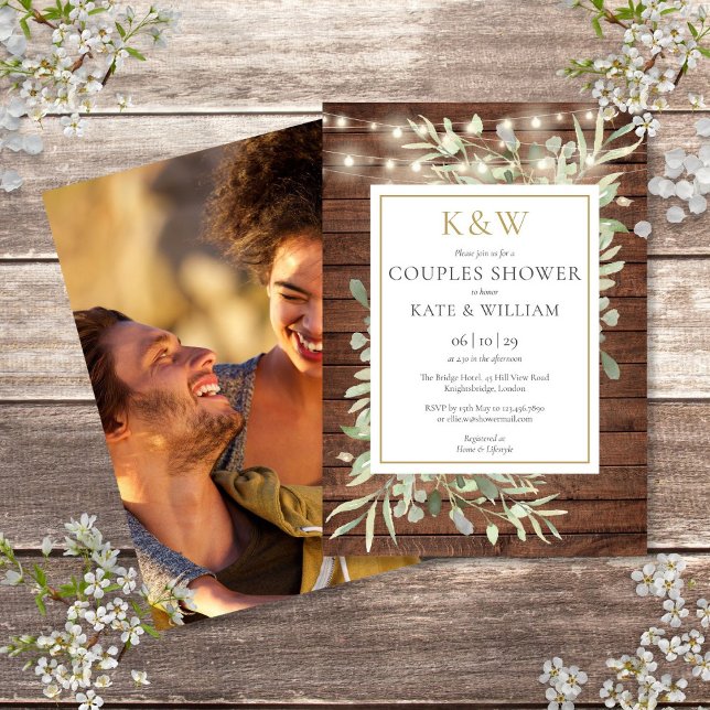 Rustik guldmonogram grönska foto par bröllopsdusch inbjudningar (Rustic Gold Monogram Greenery Photo Couples Shower Invitation)