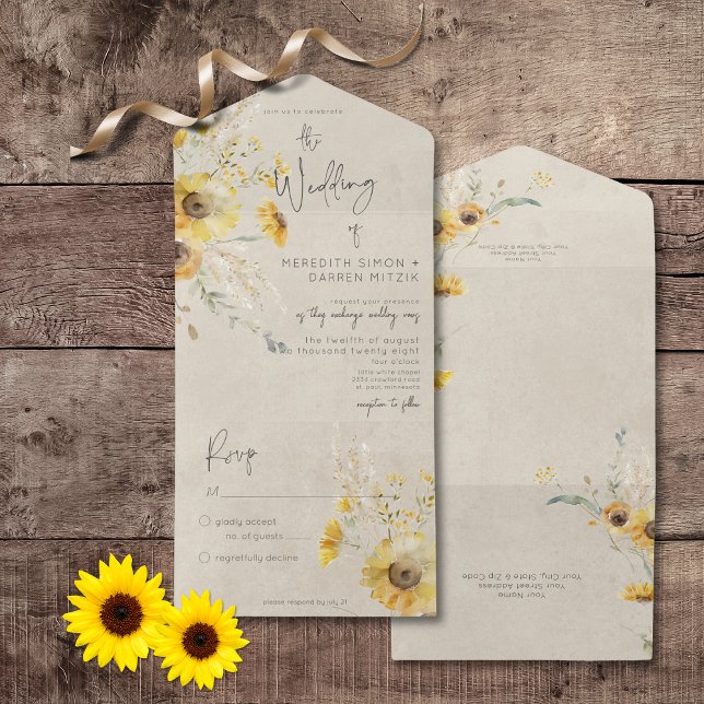 Rustik Gult och brun sommarsolrosolja, ingen midda (Rustic Yellow & Brown Summer Sunflower All In One Wedding Invitation without Dinner Options)