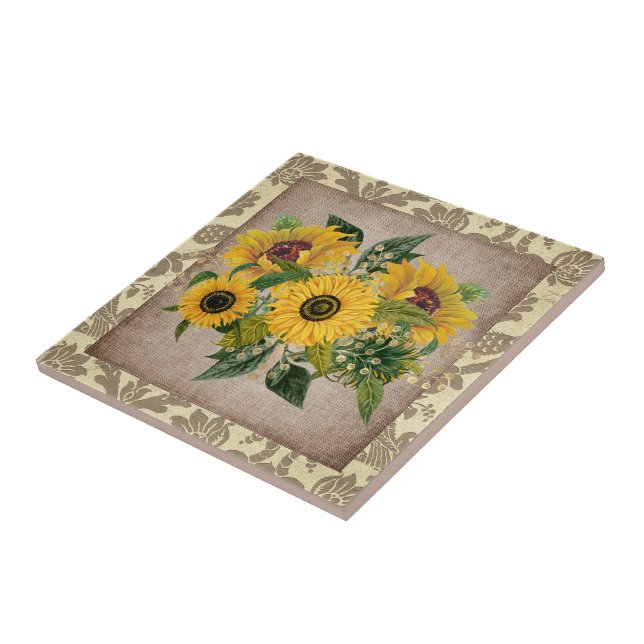 Rustik Gult Solblommor Burlap Vintage Damask Kakelplatta (Sidan)