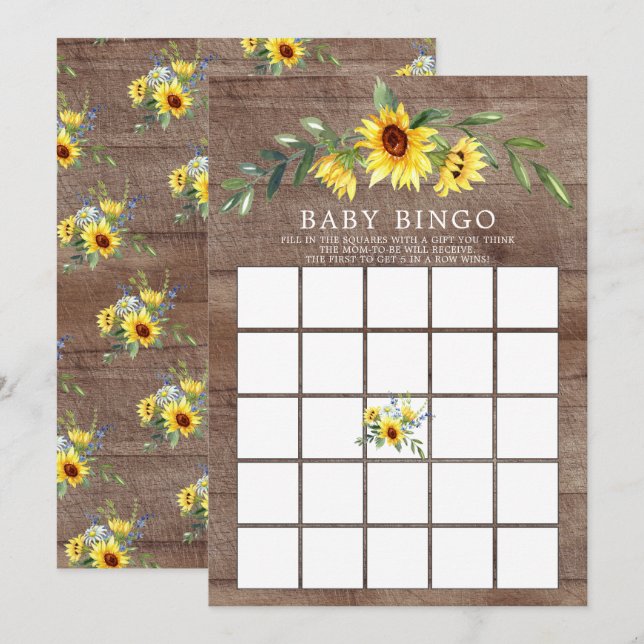 Rustik Gult Solros BINGO Baby Shower Game Inbjudningar (Fram/baksida)