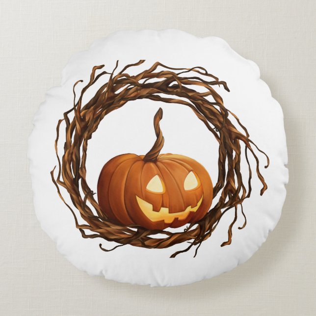 Rustik Halloween Jack O Lantern Kvistrans Ram Rund Kudde (Framsidan)