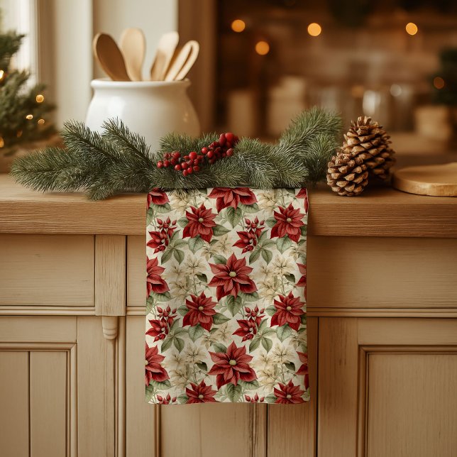 Rustik handduk för jul med vattenfärg blommor kökshandduk (Rustic Holiday Towel Watercolor Christmas Flowers)