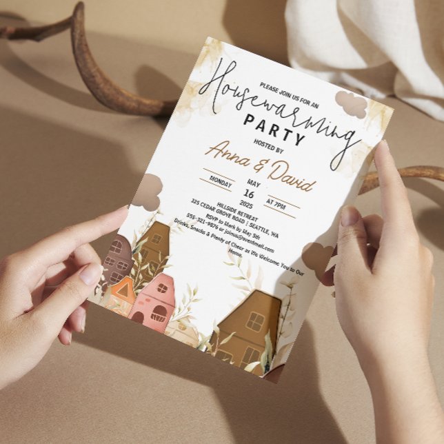 Rustik Handritad Husvärmningsfest Inbjudningar (Rustic Hand Drawing Housewarming Party Invitation farmhouse country watercolor brown chic towns )