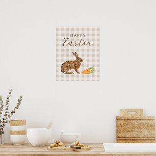 Rustik hare och morötter Glad påsk Beige gingham Poster