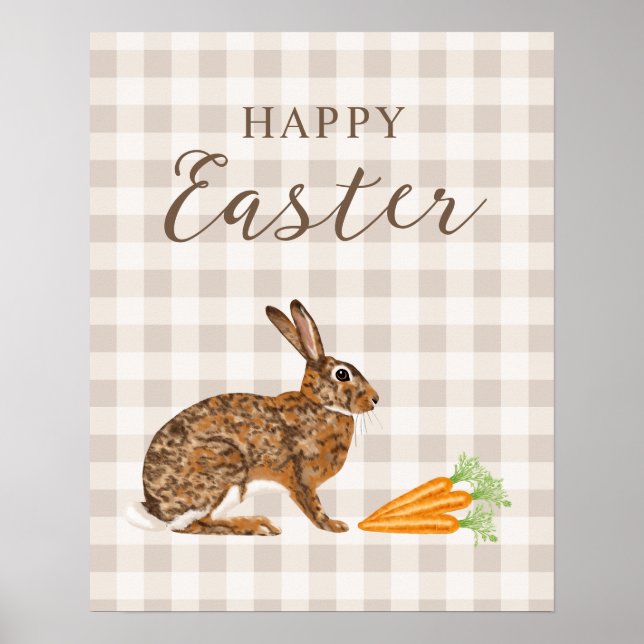Rustik hare och morötter Glad påsk Beige gingham Poster (Framsidan)