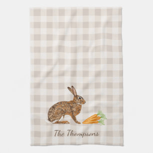 Rustik hare och morötter med namn beige gingham kökshandduk
