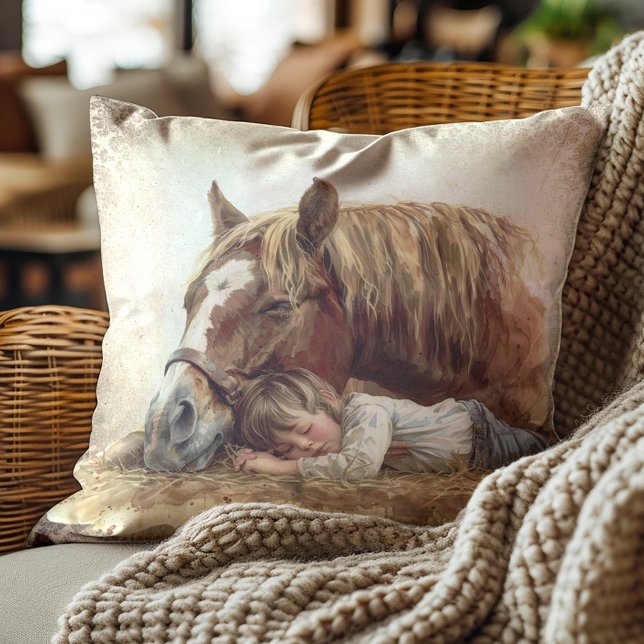 Rustik häst sovande barn lantgård  kudde (Sleeping horse and child pillow)