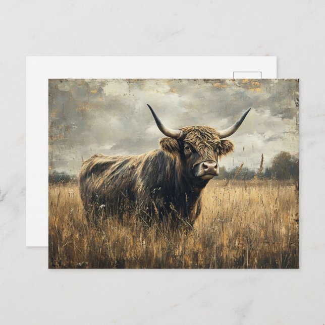 Rustik Highland Cow Ligcape Art Vykort (Fram/baksida)
