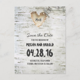 Rustik hjärta av björknbark save the date meddelande vykort