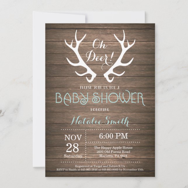 Rustik Hjort Antler Baby Shower Aqua Inbjudningar (Framsida)