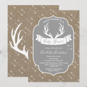 Rustik Hjort Antlers Grått och Faux Burlap Baby Sh Inbjudningar