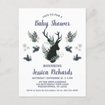Rustik Hjort Head Blue Blommigt Modern Baby Shower