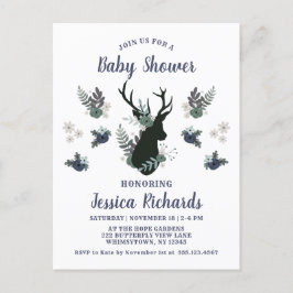 Rustik Hjort Head Blue Blommigt Modern Baby Shower Inbjudan Vykort