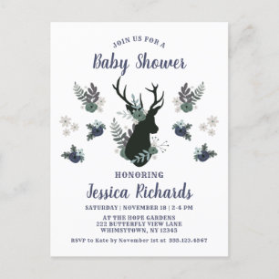 Rustik Hjort Head Blue Blommigt Modern Baby Shower Inbjudan Vykort